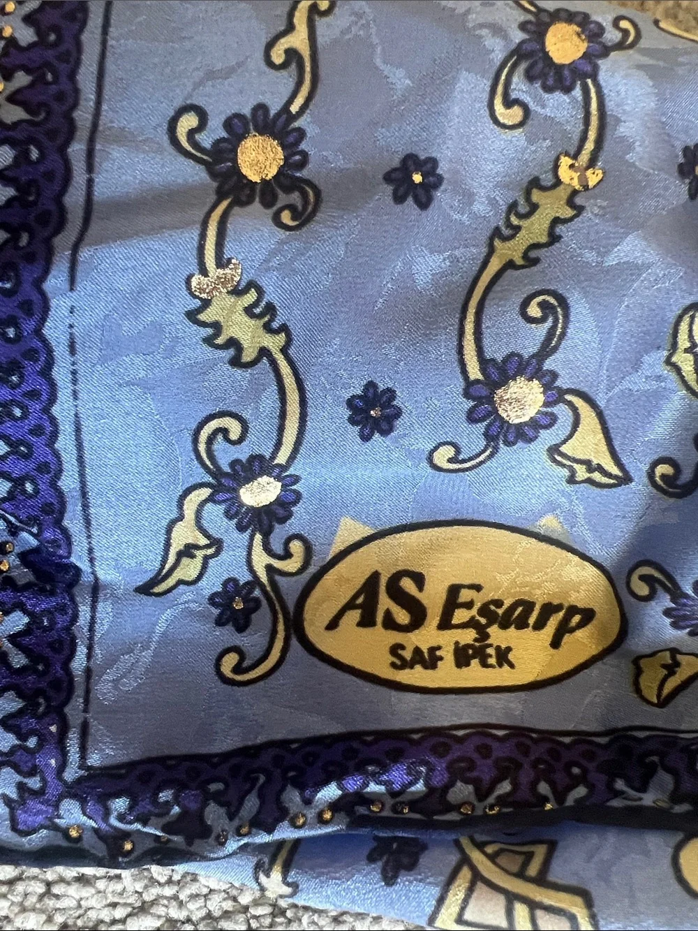 AS Esarp Saf Ipek Pure Silk Turkish Scarf Blue Purple Gold Fringe 52”